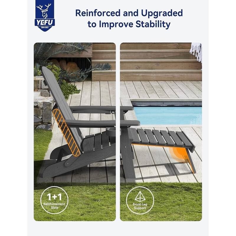 WINSOON All Weather HIPS Folding Adirondack Chair 5-Gear Adjustable Backrest Chairs with Retractable Ottoman Set of 4