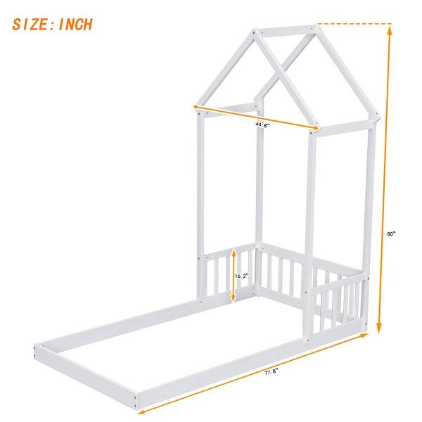 dimension image slide 2 of 3, Twin Size Pine Wood Roof-framed Headboard Floor Bed with Headboard Guardrails, without Slats