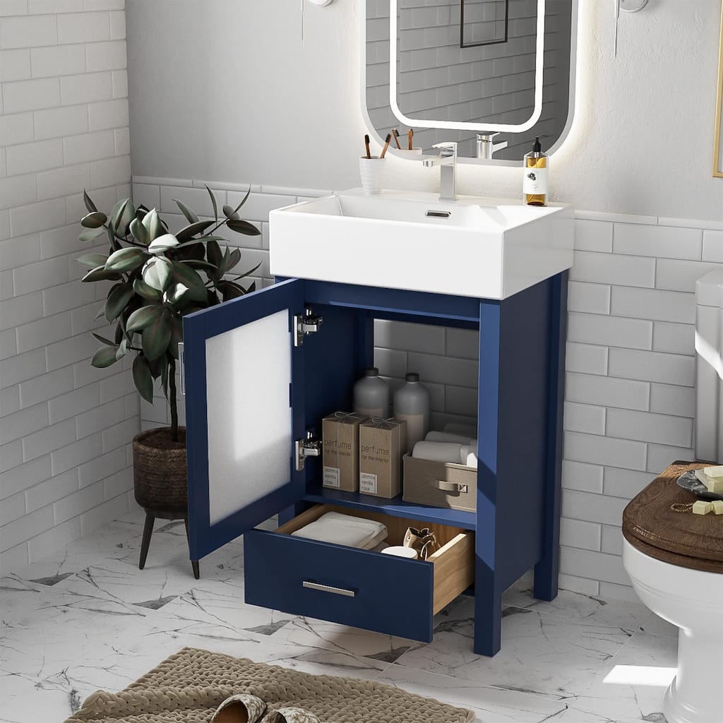 20-Inch Blue Bathroom Vanity with Ceramic Sink, Soft-Close Door & Ample Storage for Small Spaces - 15.16in L Solid Wood+MDF