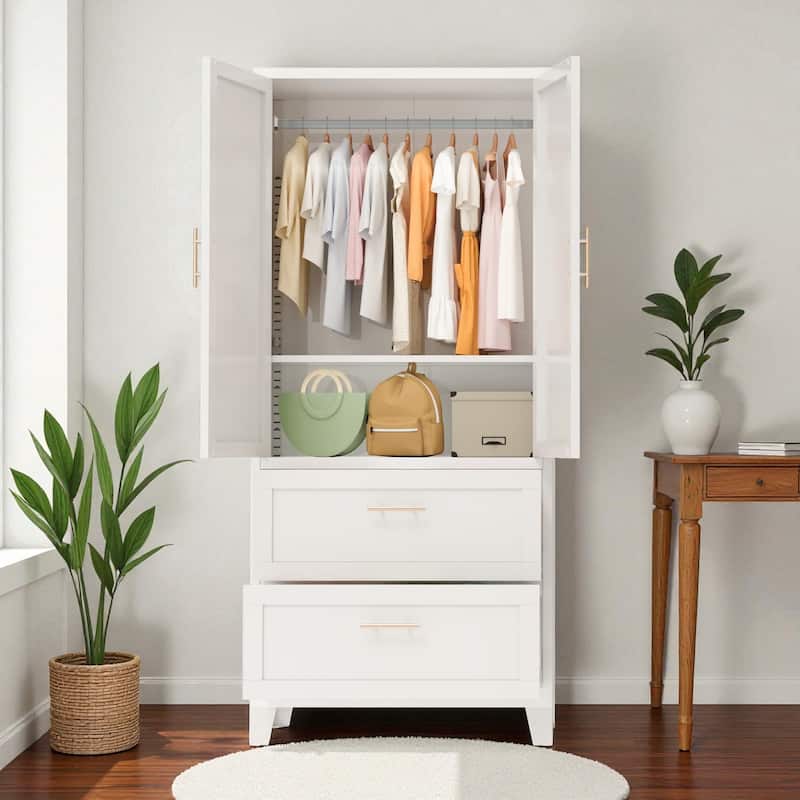 71" Metal Wardrobe Cabinet with Drawers and Hanging Rod, Steel Storage Closet with Shelf for Bedroom, Office & Entryway - White