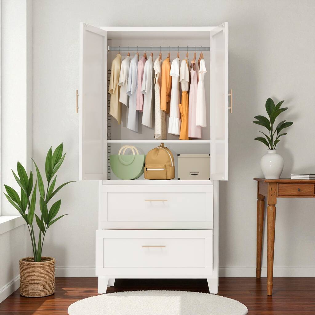 71" Metal Wardrobe Cabinet with Drawers and Hanging Rod, Steel Storage Closet with Shelf for Bedroom, Office & Entryway