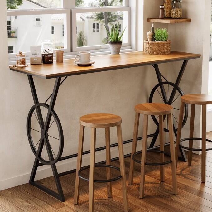 63" Counter Height Bar Table with Wheel-Design, High Pub Dining Table - Brown & Black 