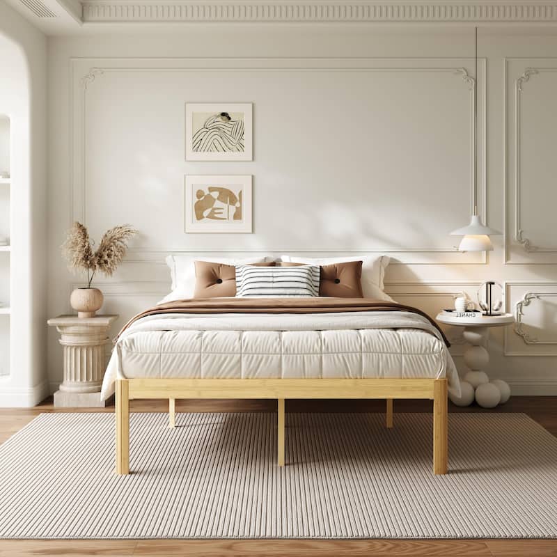 18-inch bamboo and metal platform bed frame, sturdy and durable, easy to assemble - Natural - Queen