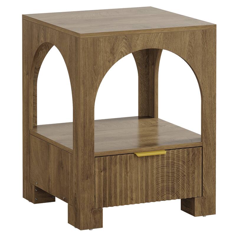 Wood Nightstand with Drawer & Open Shelf, 2-Tier Side Table, End Table, Bedside Table for Bedroom, Living Room