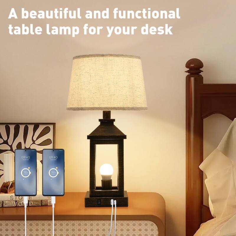 27" Blue Gray Art Glass Table Lamps, 3 Way Dimmable Modern Bedside Lamp with USB Ports White Drum Shade for Living Room