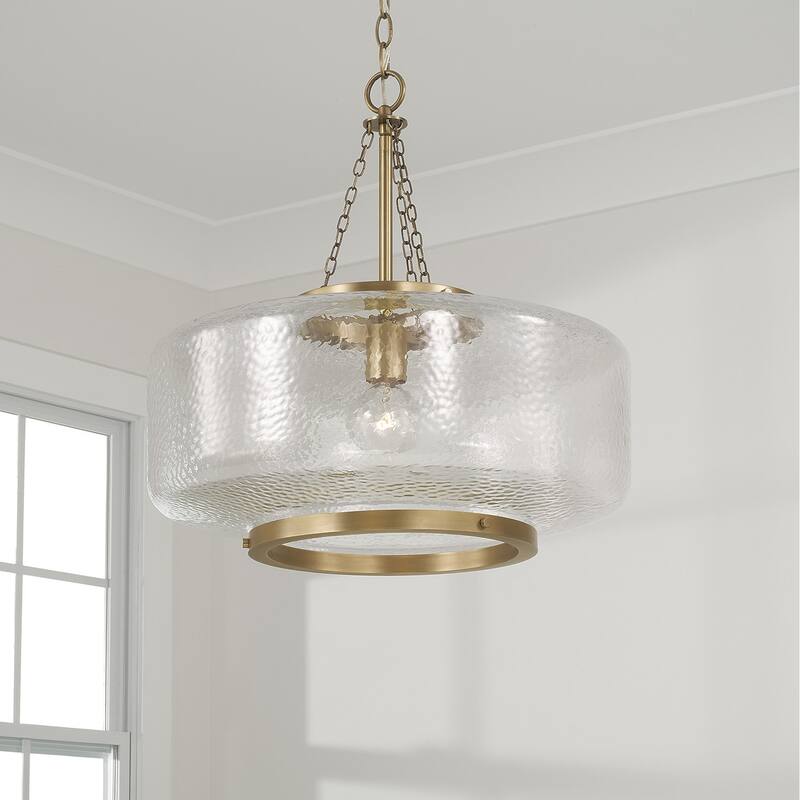 19.75" W x 20.25" H 1-Light Cloche Pendant in Aged Brass with Organic Hammered Glass - 19.75"W x 20.75"H