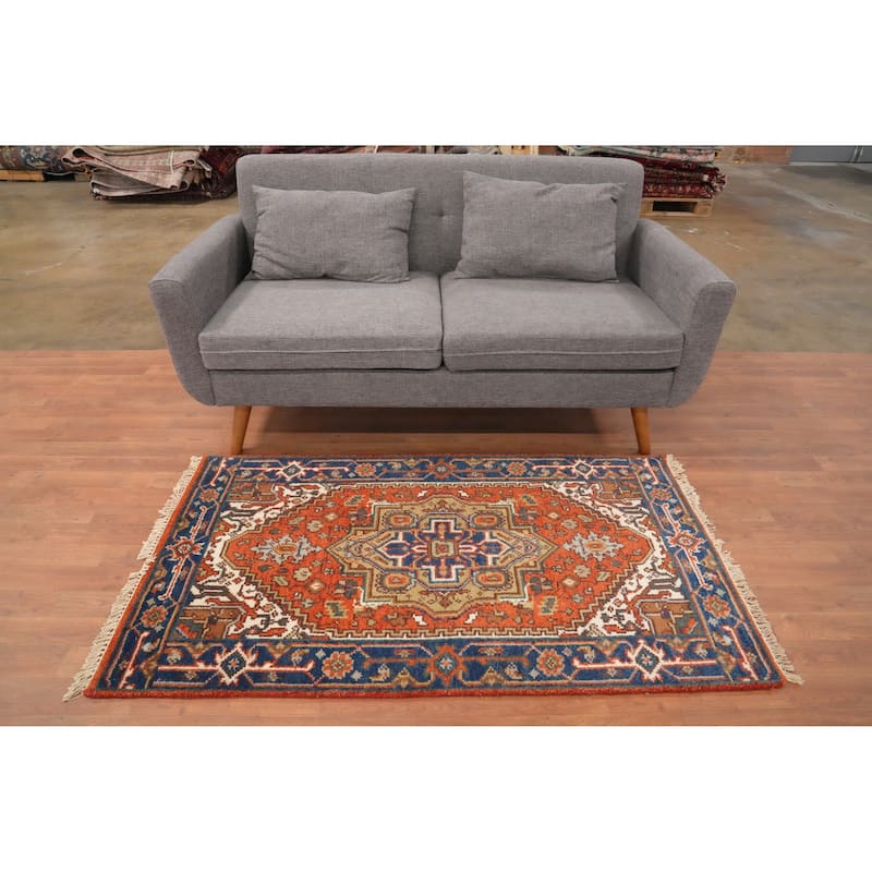 Hand Knotted Oriental 100% Wool Carpet Traditional Medallion Oranges & Rust Heriz (serapi) Area Rug - 5' 0'' X 2' 10''
