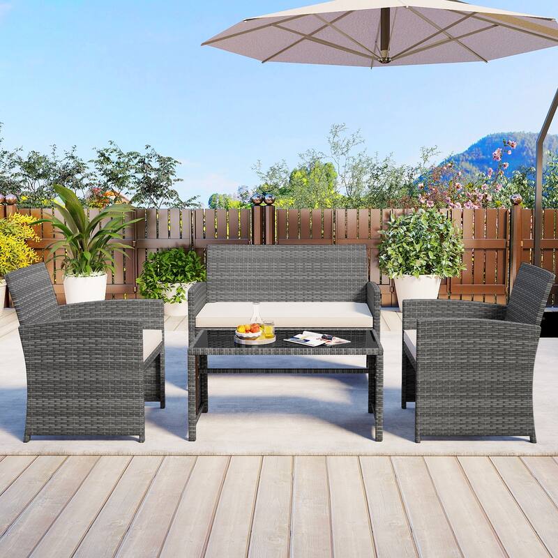 4 Piece Outdoor Patio Furniture Set Mix Gray PE Rattan Loveseat Armchairs and Tempered Glass Coffee Table with Cushions