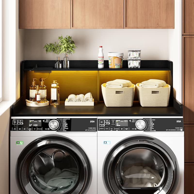 54" x 27.4" Laundry Countertop for Washer and Dryer with Non-Slip Pads，LED Lights，Power Outlets - Black