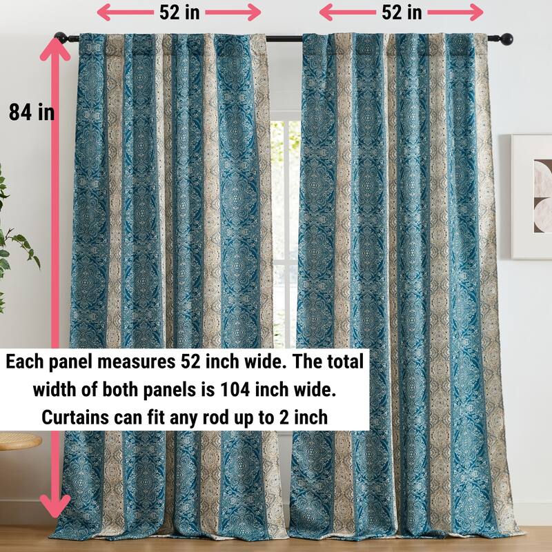 HLC.ME William Boho Damask Striped Window Back Tab Rod Pocket Curtains - Light Blocking Darkening Panels, Set of 2