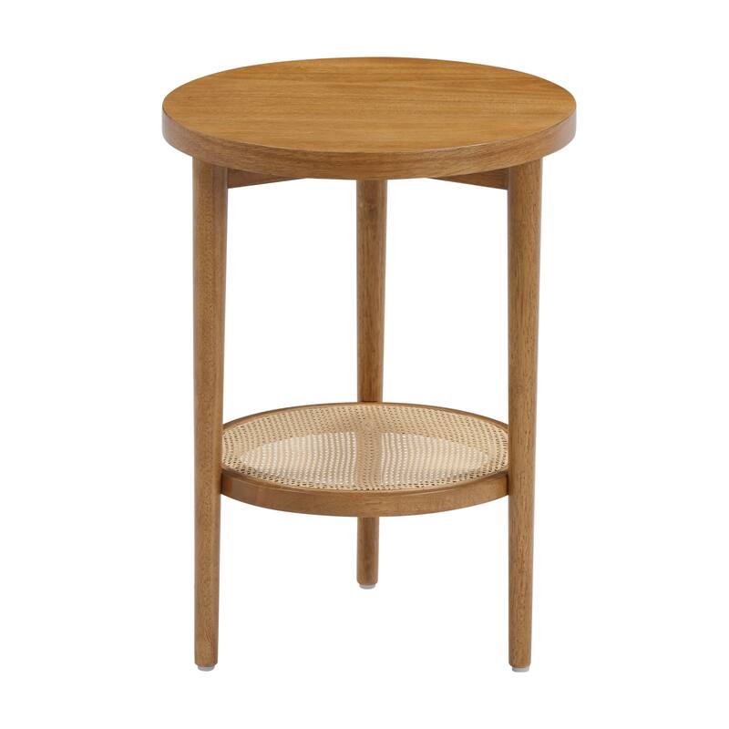 Nathan James Sonia Bohemian 2-Tier Round End Table in Light Wood With Rattan Storage Shelf