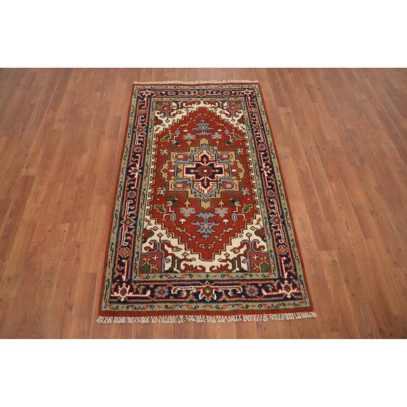 Hand Knotted Oriental 100% Wool Carpet Traditional Medallion Oranges & Rust Heriz (serapi) Area Rug - 4' 11'' X 2' 11''