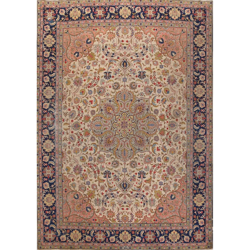Hand Knotted Oriental 100% Wool Carpet Traditional Medallion Beige & Ivories Tabriz Area Rug - 12' 11'' X 10' 0''