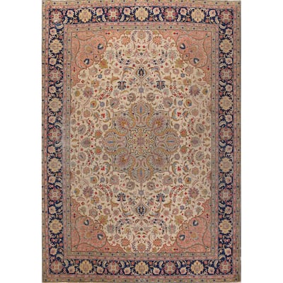 Hand Knotted Oriental 100% Wool Carpet Traditional Medallion Beige & Ivories Tabriz Area Rug - 12' 11'' X 10' 0''