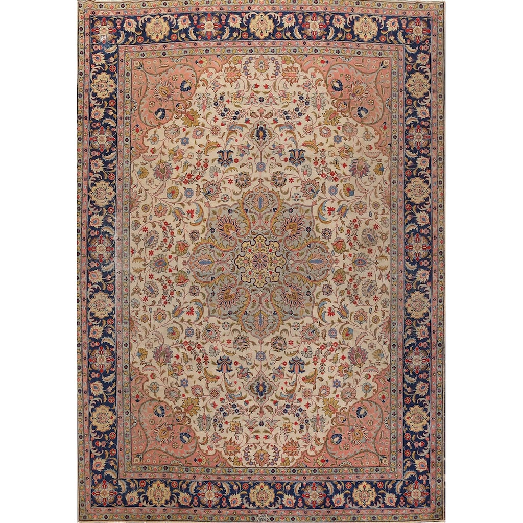 Hand Knotted Oriental 100% Wool Carpet Traditional Medallion Beige & Ivories Tabriz Area Rug - 12' 11'' X 10' 0''