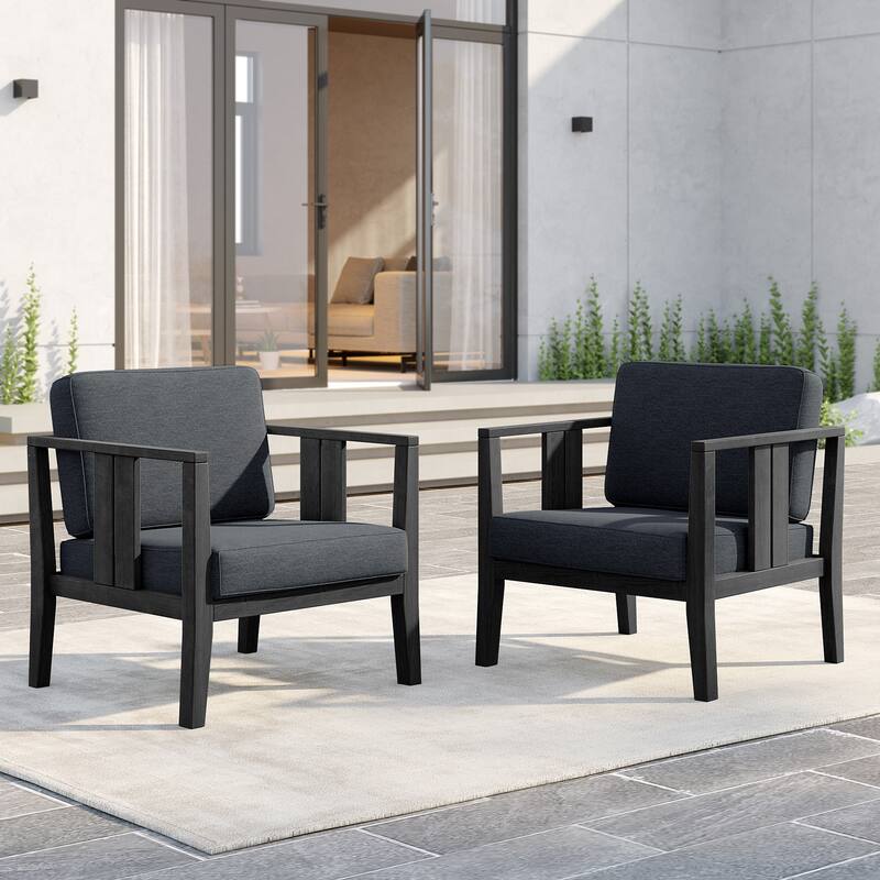 Outdoor Teak Solid Wood Patio Furniture Set Loveseat Armchair Table Collection - Two Accent Chairs - Blackframe-Darkgrey