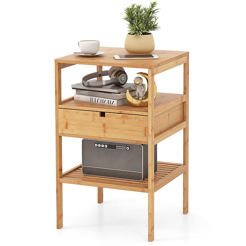 Gymax Bamboo Nightstand w/ Pull-out Drawer & Storage Shelf Wood - Natural