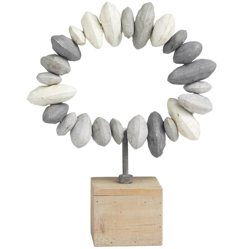 Metal Abstract Circular Stone Decorative Sculpture with Brown Wooden Base - Gray - Roche River Decor