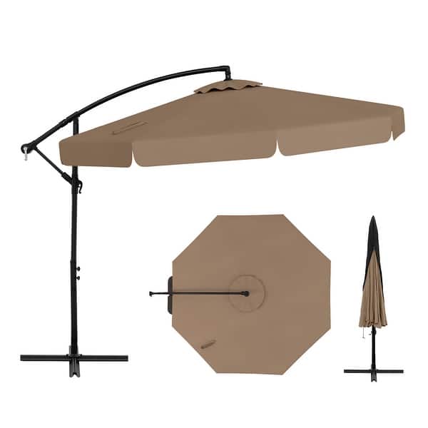 chocolate brown patio umbrella offset Tilt | Auto-Tilt, Fade-Proof, Wind Resistant | Commercial Grade | Sunbrella Bay and adds a refined Outdoor Expressions 10 Ft. Round