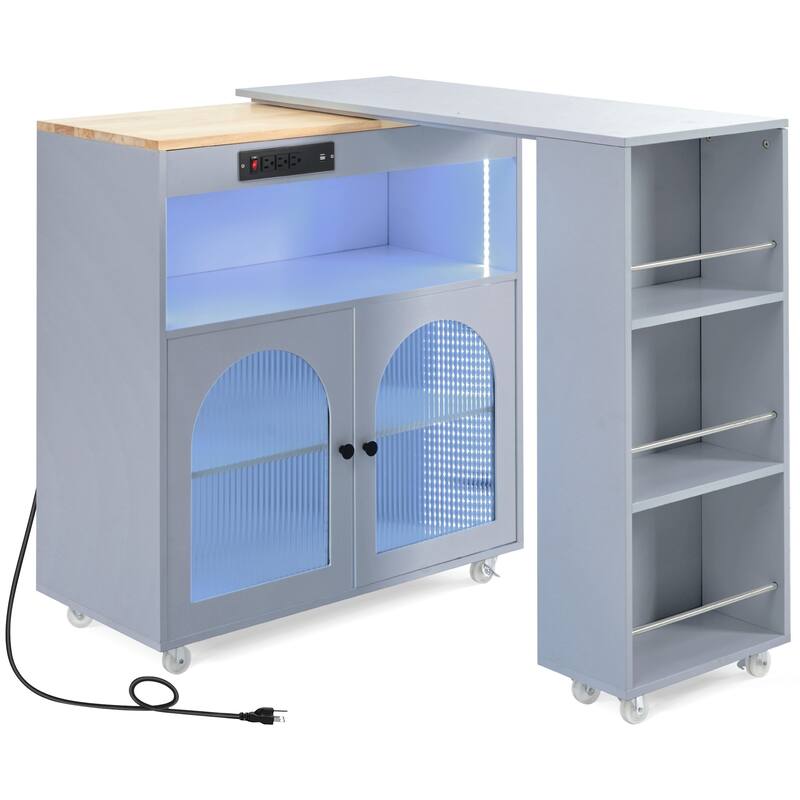 56.3" Rolling Kitchen Island with Extended Table,LED Lights,Power Outlets and Glass Doors