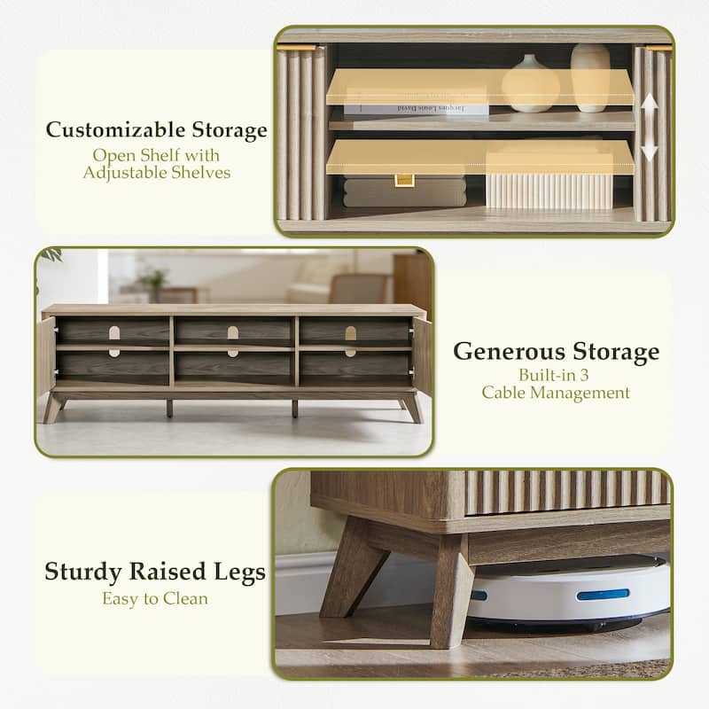 70" Modern Fluted TV Stand for Living Room, Wood Entertainment Center
