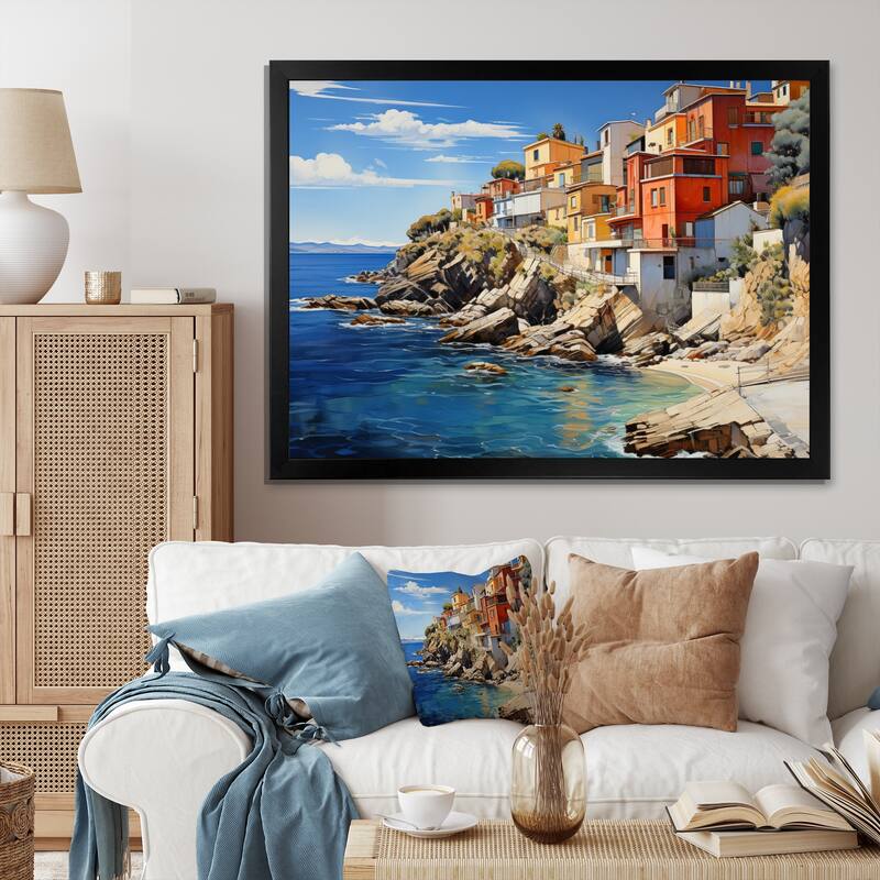 Designart "Spain Spanish Coastline" Nautical & Beach Framed Canvas Wall Art - Black - 32 in. wide x 24 in. high