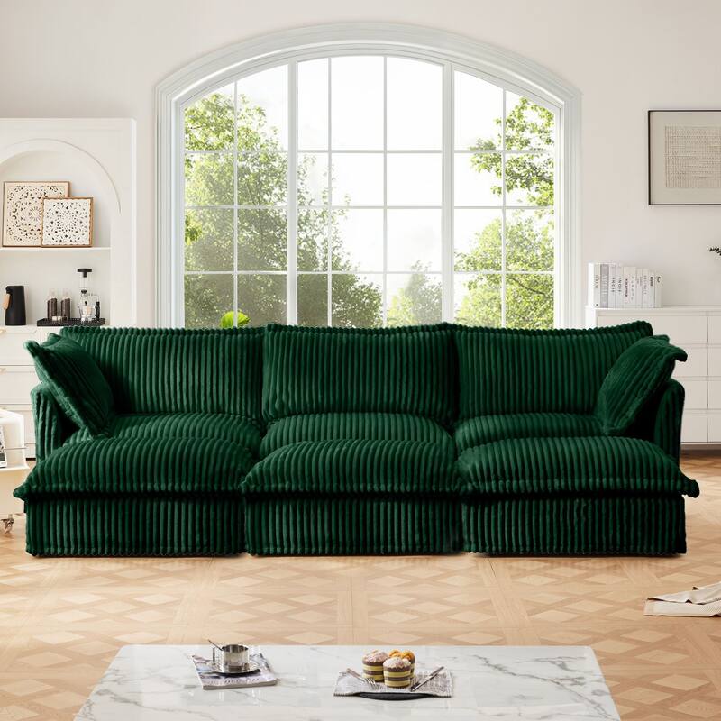 Modern 3-seater upholstered sofa with 3 ottomans and 2 pillows