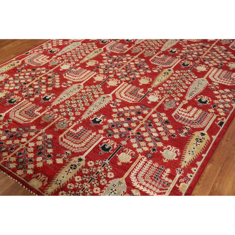 Hand Knotted Oriental 100% Wool Carpet Traditional All-Over Red Ziegler Area Rug - 9' 9'' X 6' 7''