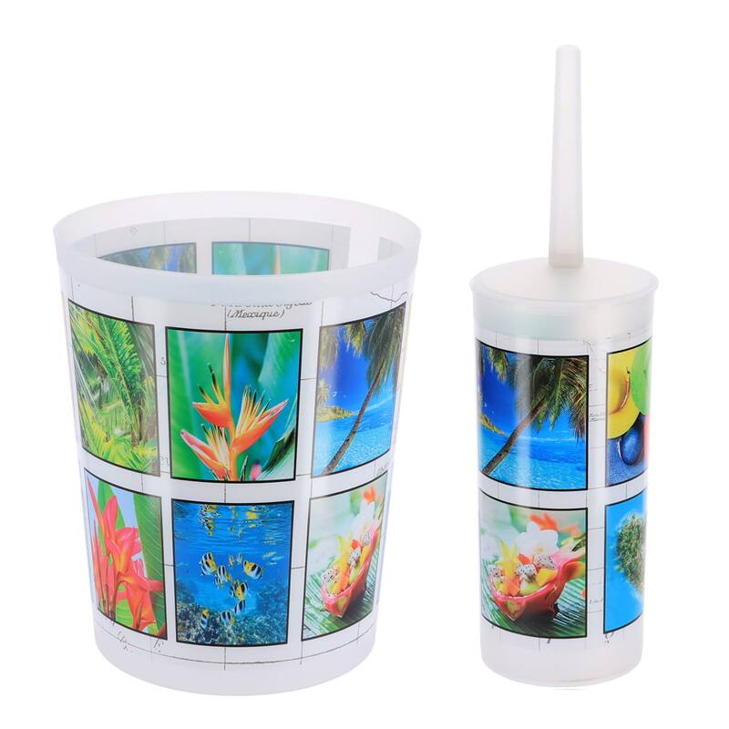 Island Bathroom Accessory Set - Decorative Plastic Waste Basket and Toilet Brush - 9.4" H x 7.8" W x 6.2" L