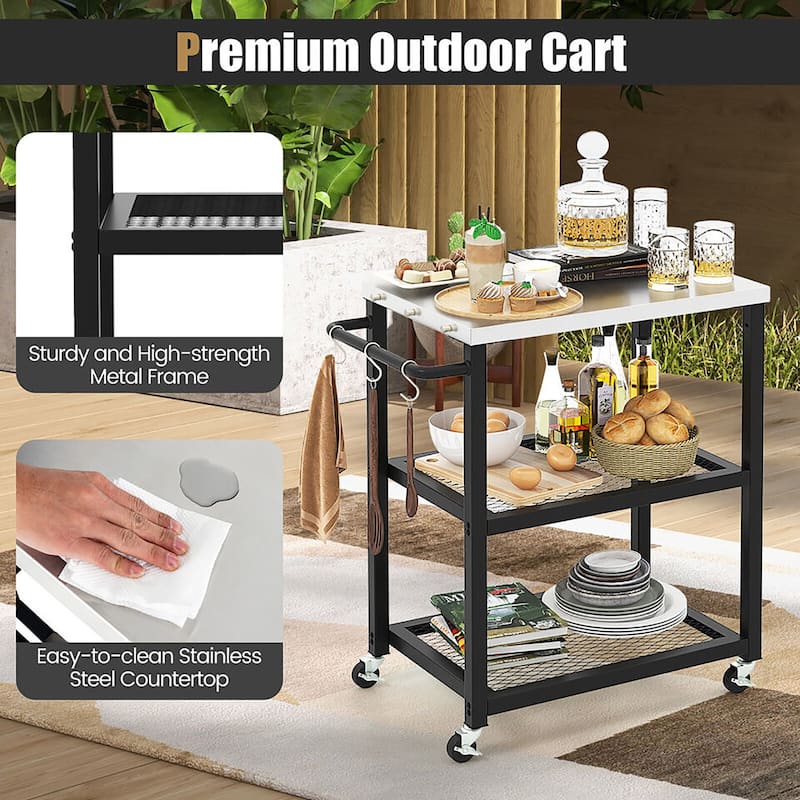 Gymax 3-tier Outdoor Grill Cart on Wheels w/ Stainless Steel Top &