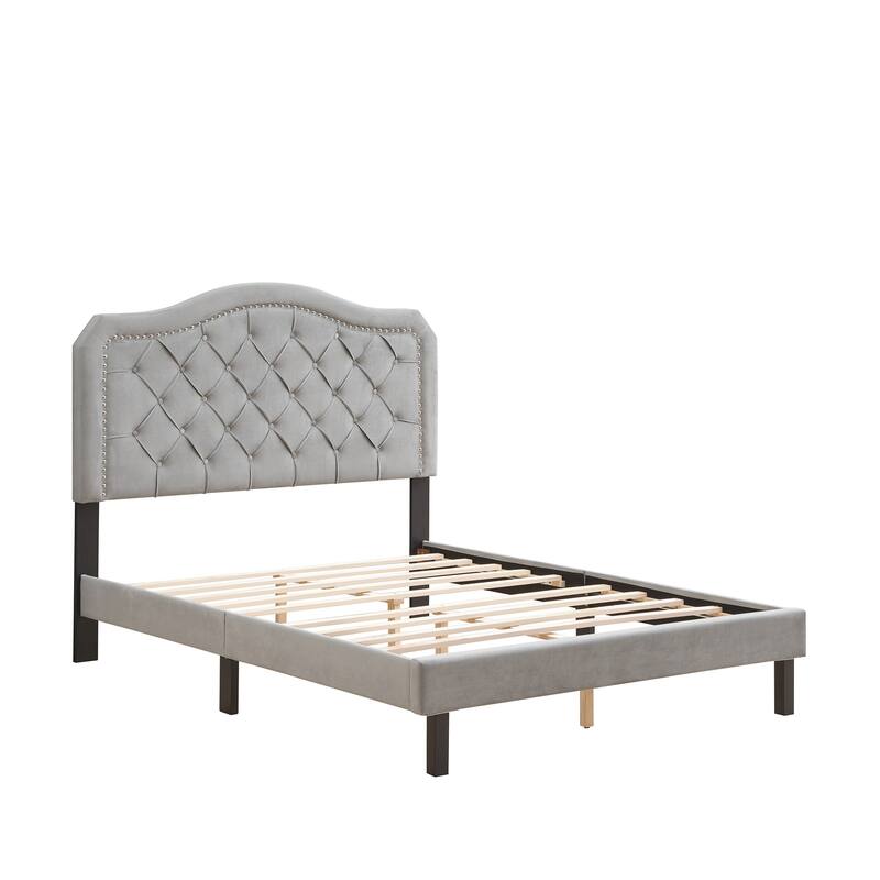Queen Upholstered Platform Bed with Button Tufted Headboard, Gray Velvet, Easy Assembly