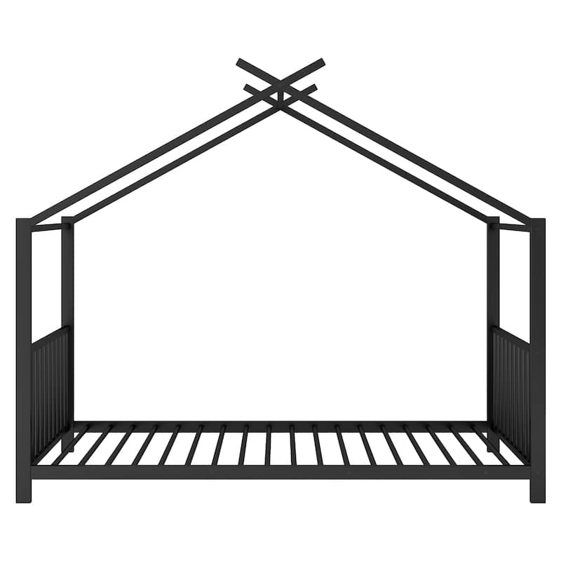 Roomfitters Twin Size Metal House Platform Bed Frame with Modern Minimalist Style and Guardrail