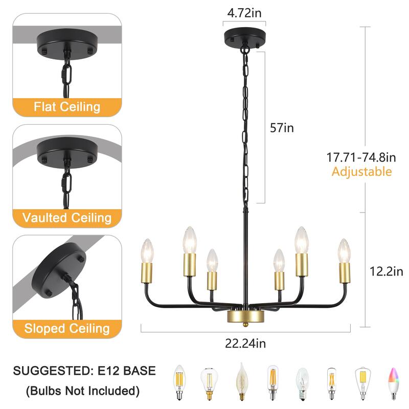 Modern Chandelier, Farmhouse Chandelier, 6-Light Metal Candle Style Chandelier for Dining Room Living Room Bedroom Kitchen