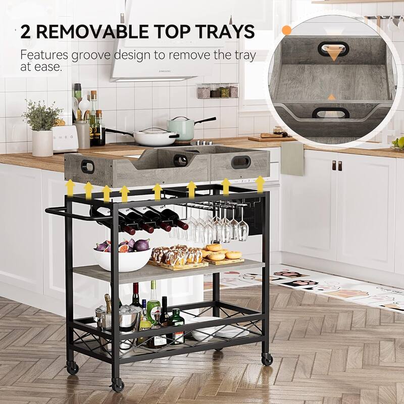 3 Tier Home Bar Serving Cart with Wine Rack and Glass Holders