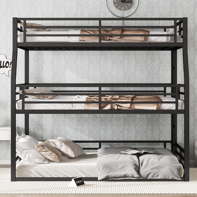 Full/Full Xl Over Queen Over Queen Bunk Bed,Metal Triple Bunk Bed With Safety Guardrails With Noise-Reduced Design