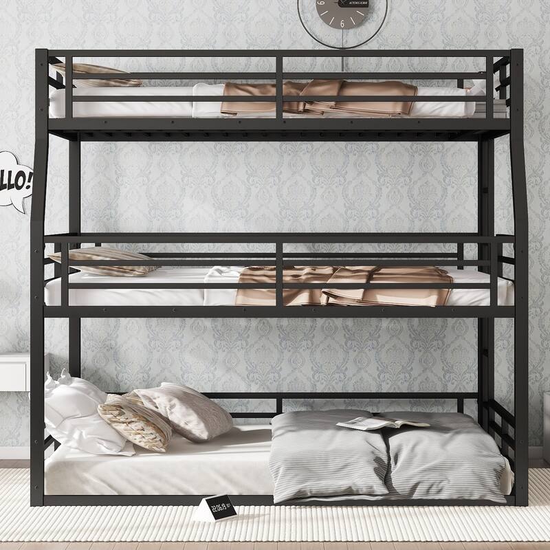 Space-Saving Metal Triple Bunk Bed with Safety Guardrails, Full/Full XL over Queen over Queen, Heavy-Duty Black Frame