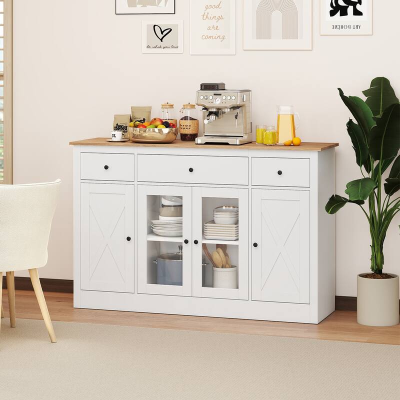 Gymax 55'' Large Buffet Sideboard w/ 3 Drawers 2 See-through Doors