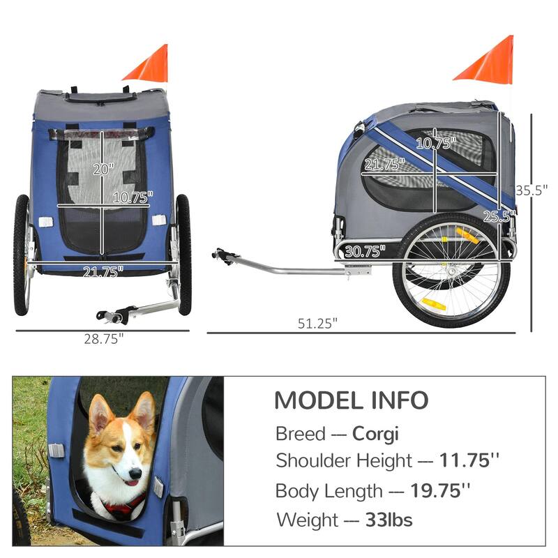 Bike Trailer Cargo Cart for Dogs & Pets with 3 Entrances Large Wheels