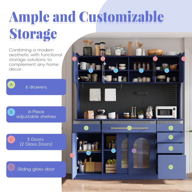 63" Freestanding Buffet Hutch with Power Outlet, 6 Drawers, 5 Cabinets, Adjustable Shelves & Coffee Bar Storage