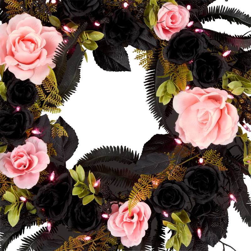 National Tree Company 24" Artificial Cute and Creep Halloween Wreath, 40 Pink LED Lights, Battery Operated - 2 ft