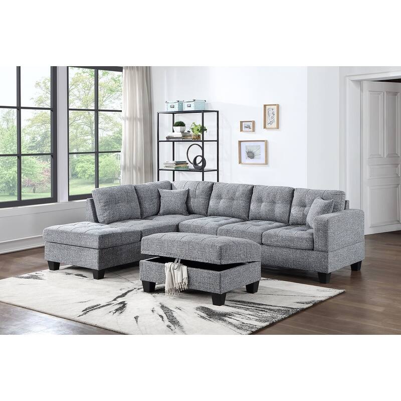 Holly Tweed Sectional with Storage Ottoman - Grey