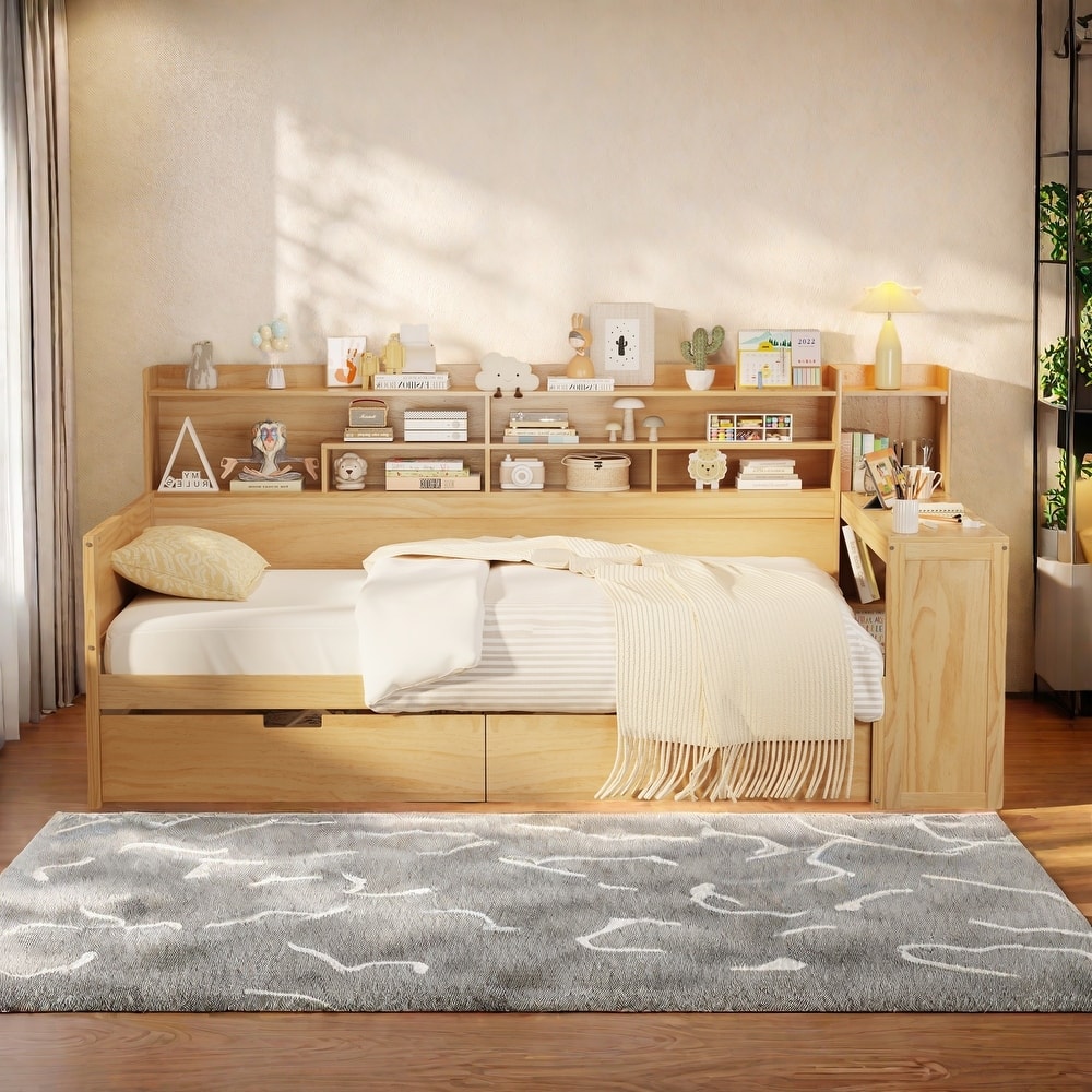 Twin Size Daybed with Study Desk and Storage,Space-Saving Design with Side Shelves, 2 Large Drawers, Built-In Workstation