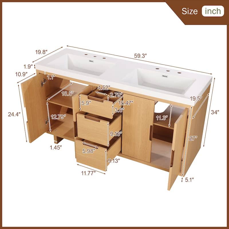 59.3" Bathroom Vanity with 4 Doors & 3 Drawers, Handle-Free Design, Soft-Close Hinges, Hidden Drawer Slides, SMC Resin Top
