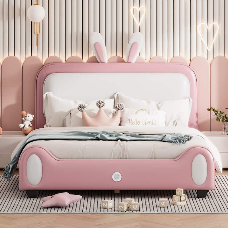 Upholstered Rabbit-Shape Princess Bed Full Size Platform Bed with ...