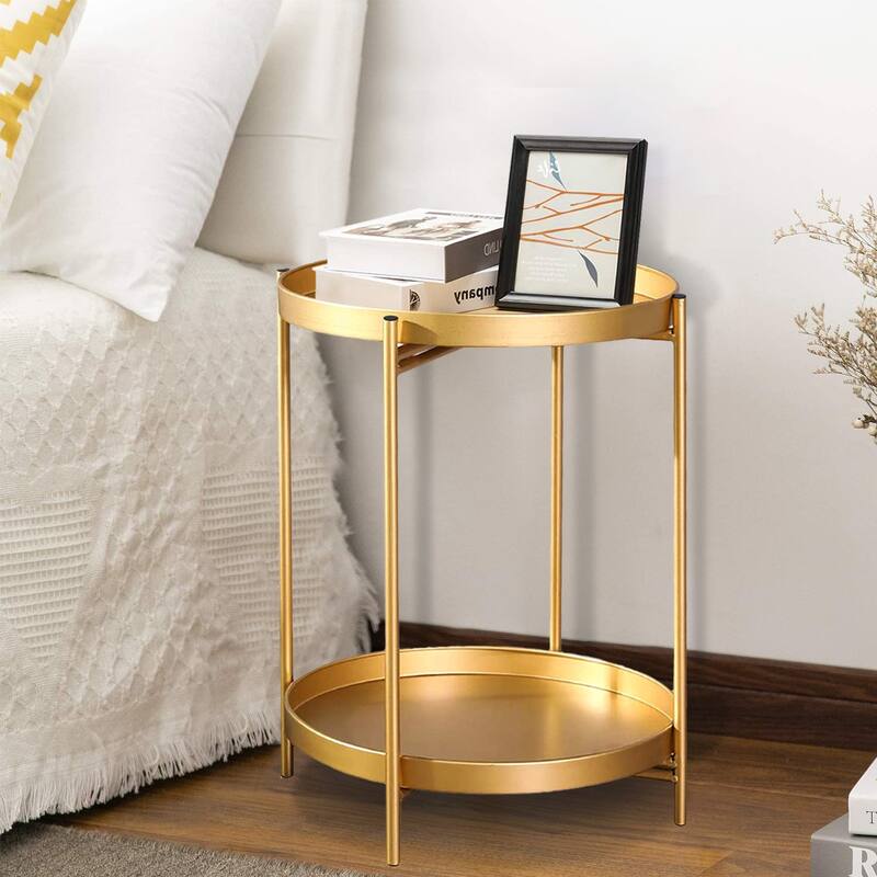 Adeco Side Table 2-Tier Metal Round End Table with Removable Tray - 17.5""(D)x 17.5""(W)x 20.7""(H)