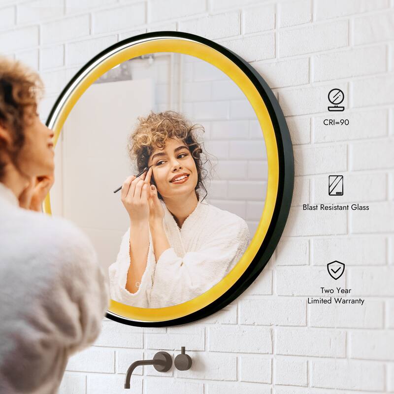 Large LED Bathroom Vanity Wall Mirror Dimmable Touch Sensor Anti-fog - Black/Gold - 36'' H x 36'' W x 1.65" D