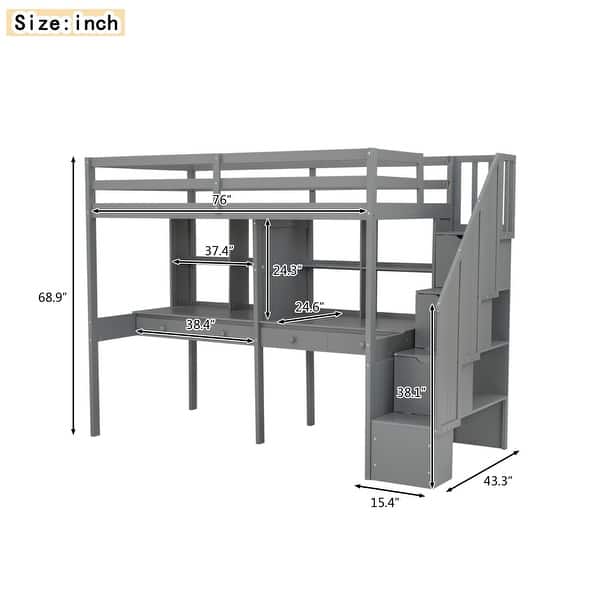 dimension image slide 1 of 2, Twin Size Loft Bed Frame with Storage Staircase
