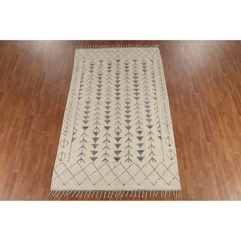 Ivory Moroccan Area Rug Handmade Geometric Wool Carpet - 5'11"x 9'10"