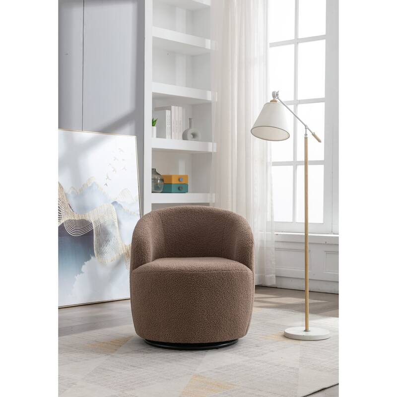 Teddy Fabric Swivel Barrel Chair, Round Upholstered Sofa Chair, Reading Leisure Chair with Curved Backrest & Metal Base