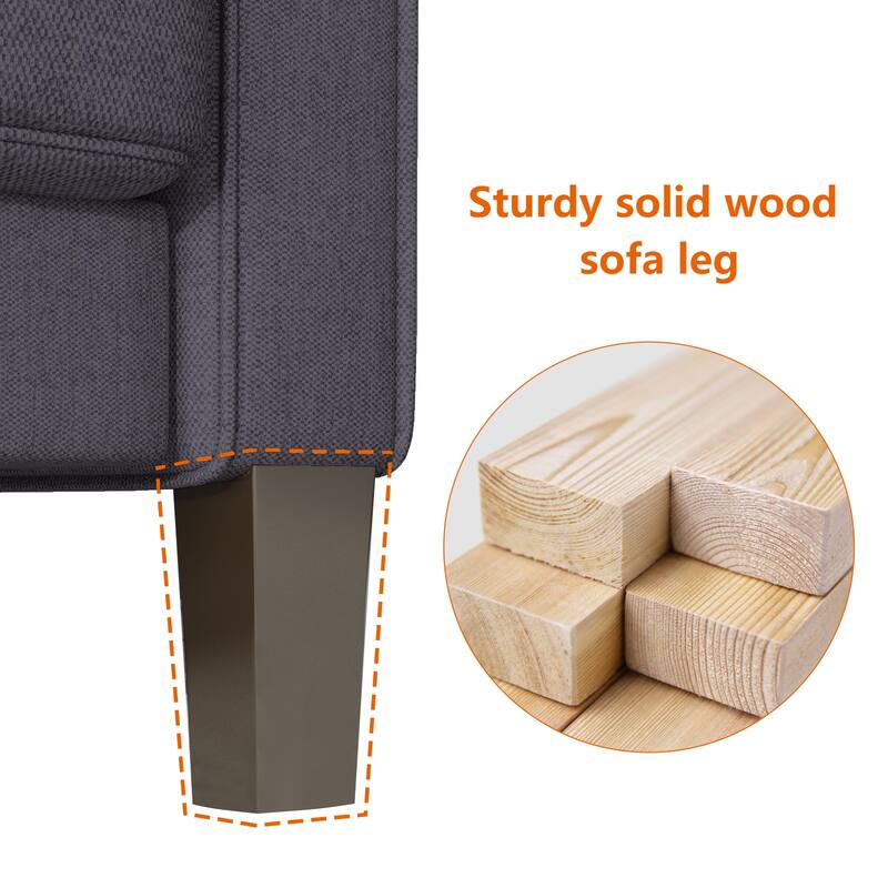 Living Room 3-Seater Sofa, 75" Dark Grey Living Room Couch for 3, Upholstered Loveseat Sofa with Solid Wood Legs